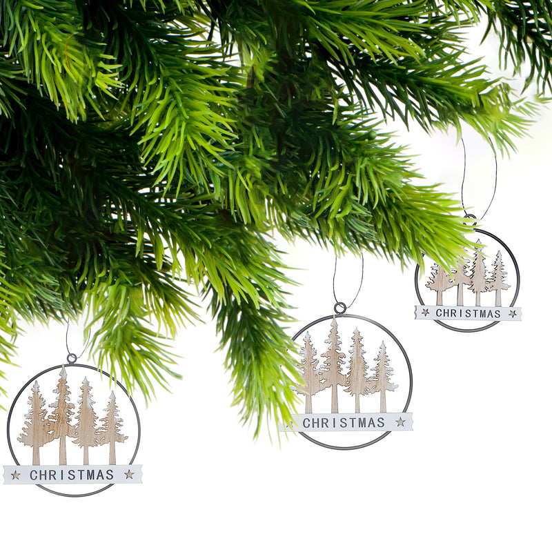 Metal Oval and Wood Tree Christmas Ornament Set Of 3