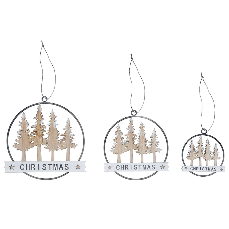 Metal Oval and Wood Tree Christmas Ornament Set Of 3