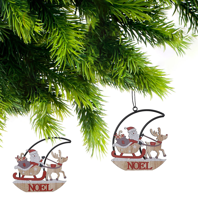 Metal Half Moon And Santa Noel Ornament Set Of 2