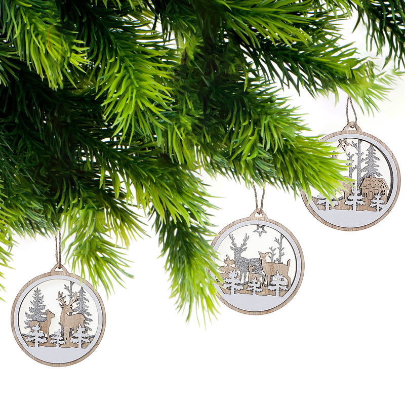 Wooden Round Scenic Ornament - Set of 12