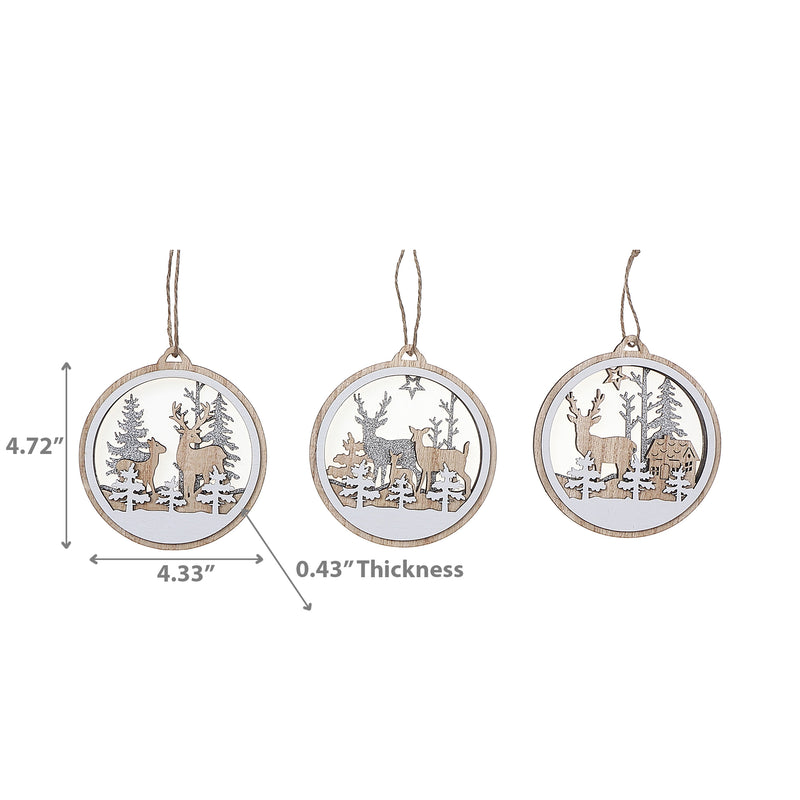 Wooden Round Scenic Ornament - Set of 12