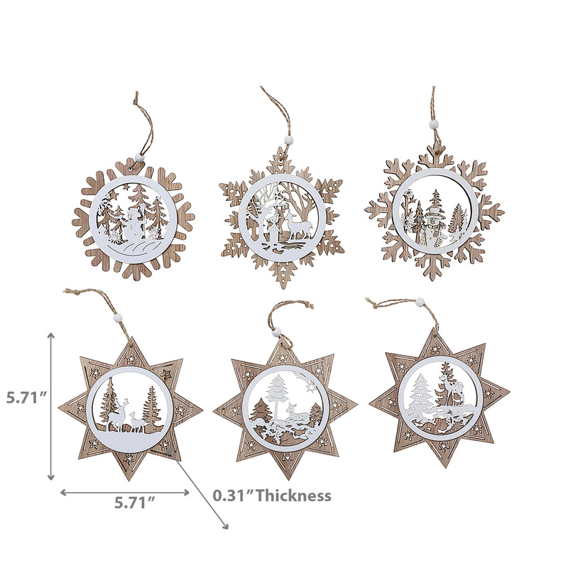 Wooden Snowflake With Scenic Ornament - Set of 12