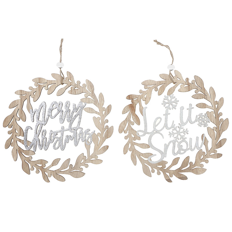 Wooden Wreath Merry Christmas/Let It Snow Ornament - Set of 12