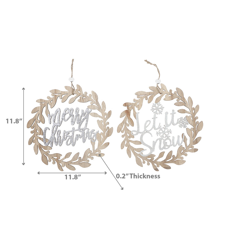 Wooden Wreath Merry Christmas/Let It Snow Ornament - Set of 12