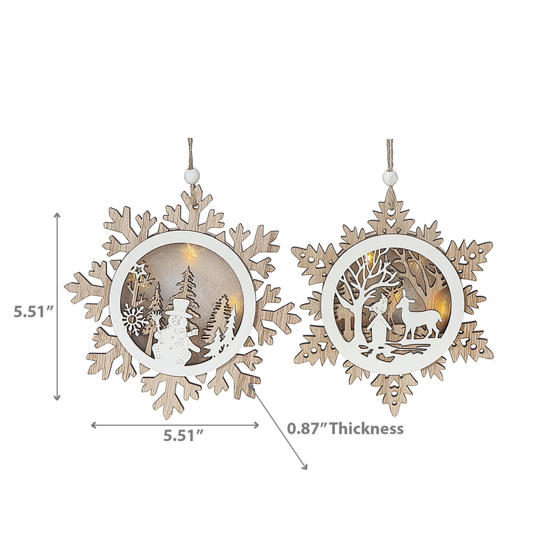 Led Wooden Snowflake With Scenic Ornament - Set of 12