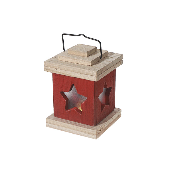 Led Wooden Lantern Star Red