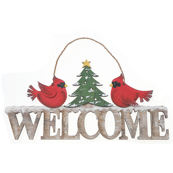 Welcome Wooden Double Cardinals Wall Hanger