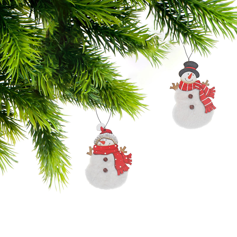 Fuzzy Wood Snowman Ornament - Set of 12