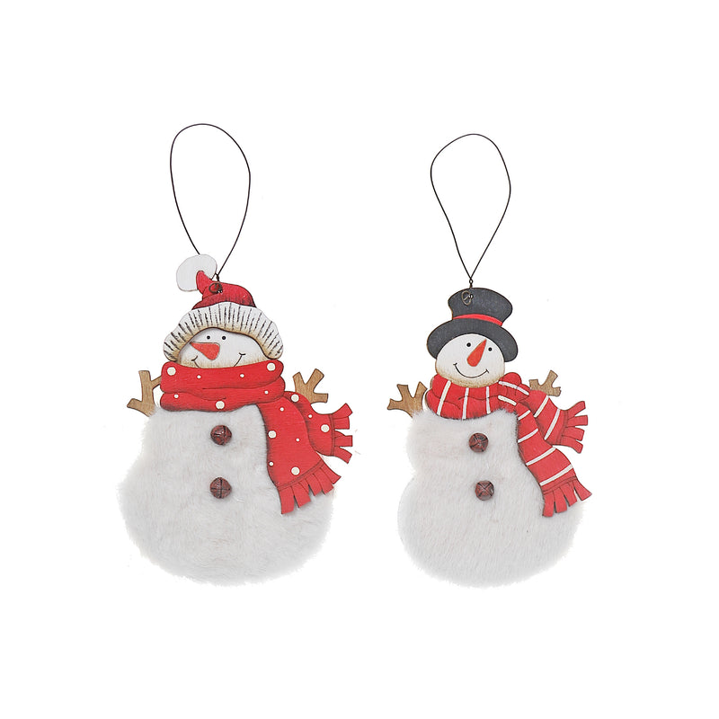 Fuzzy Wood Snowman Ornament - Set of 12