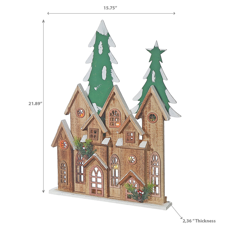 Led Wooden Brown Maison With Tree 21.89"