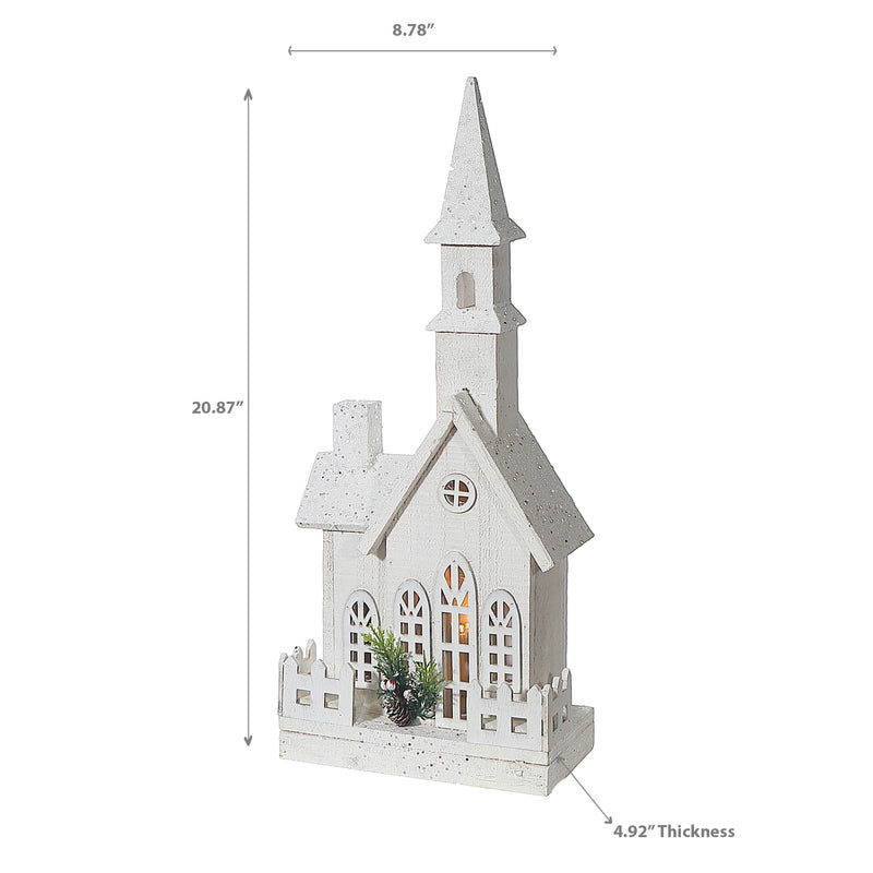 Led White Wooden Church With Fence 20.87"