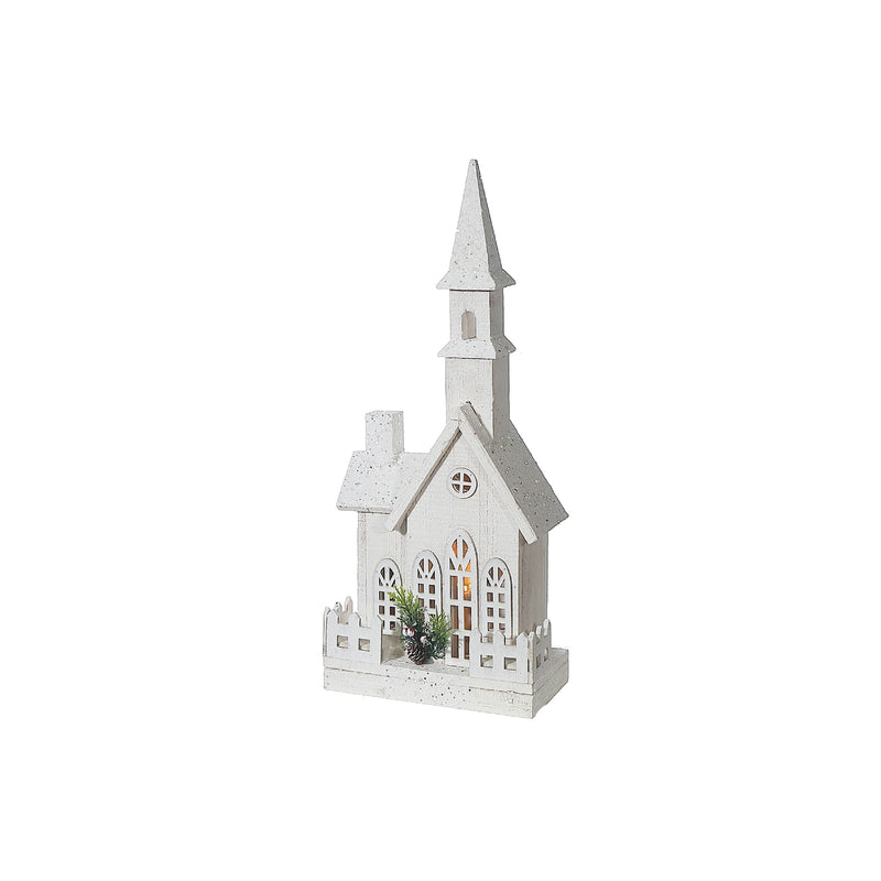 Led White Wooden Church With Fence 20.87"