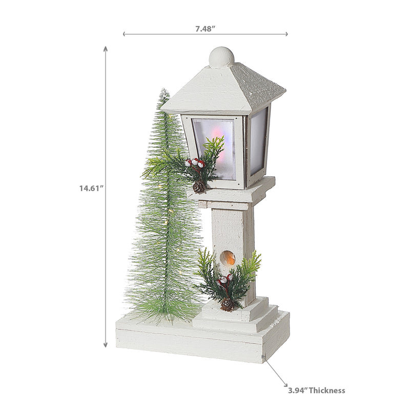 Led White Wooden Lamp Post With Tree 14.61"