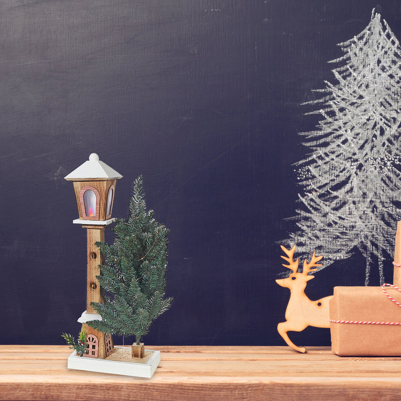 Led Snow Covered Wooden Lamp Post With Tree 23.62"