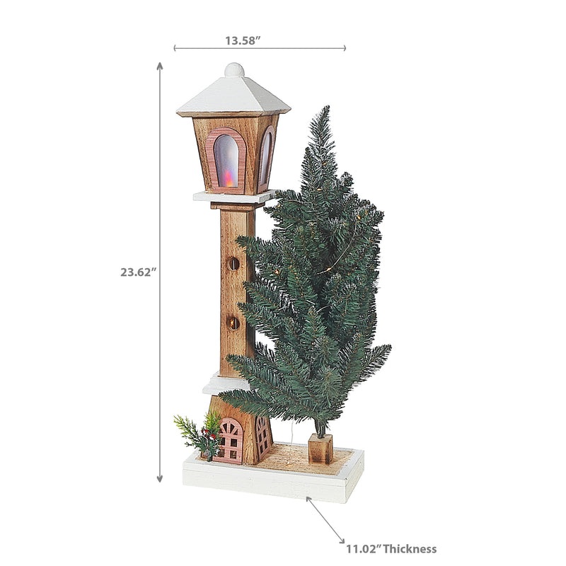 Led Snow Covered Wooden Lamp Post With Tree 23.62"