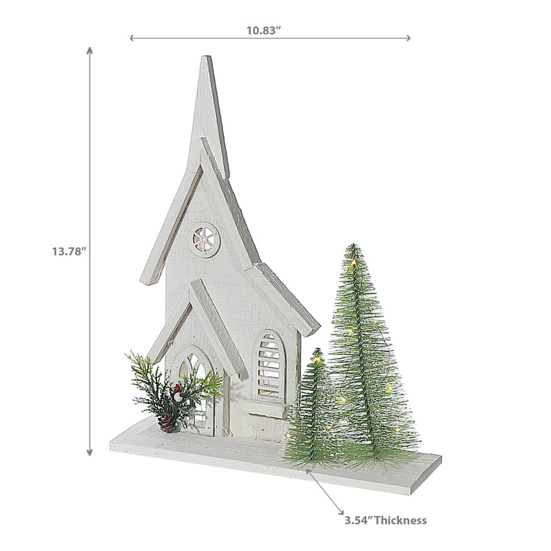 Led White Wooden Church 13.78"