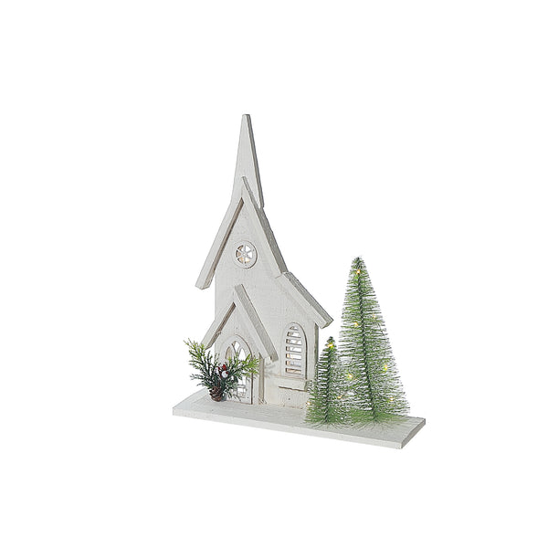 Led White Wooden Church 13.78"