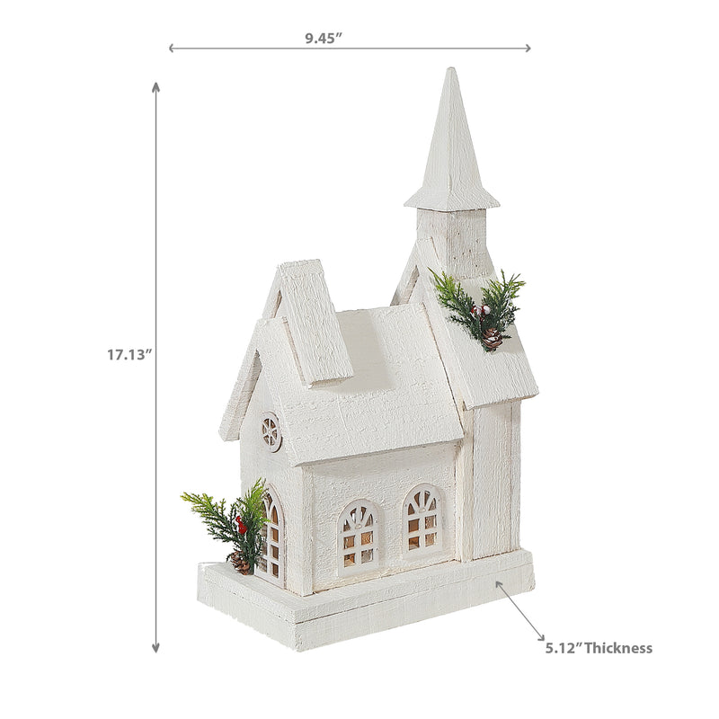 Led White Wooden Church 17.13"