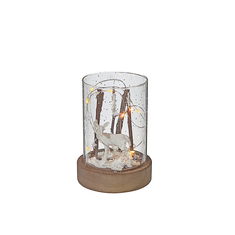 Led Cylinder Glass Stand With Wooden Base Reindeer Branch