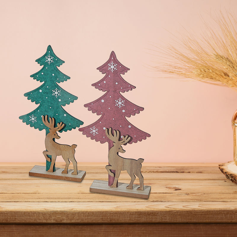 Felt Tree And Wooden Deer Decor - Set of 2