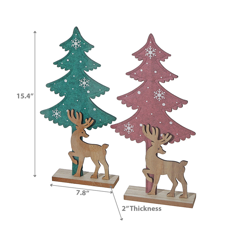 Felt Tree And Wooden Deer Decor - Set of 2