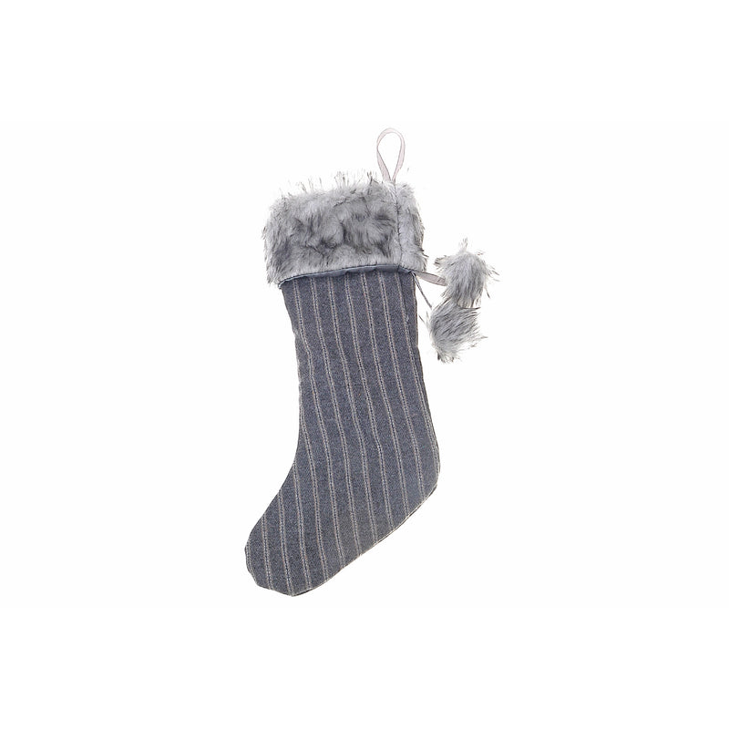 Embroidered Plaid Fabric Stocking With Faux Fur - Set of 2