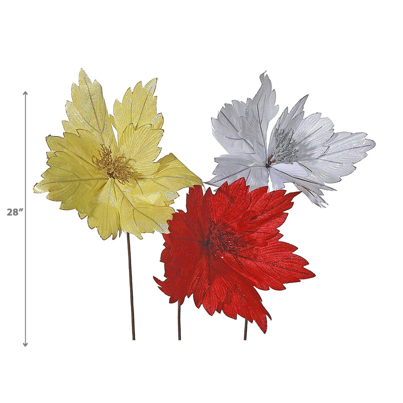 Glitter Edged Veiny Poinsettia Stem - Set of 3