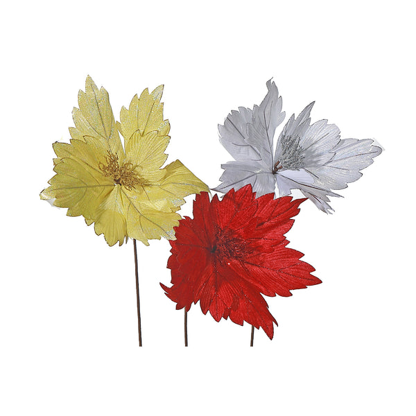 Glitter Edged Veiny Poinsettia Stem - Set of 3