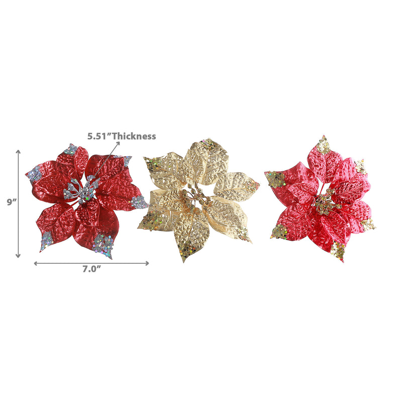 Glitter Edged Poinsettia Clip - Set of 6