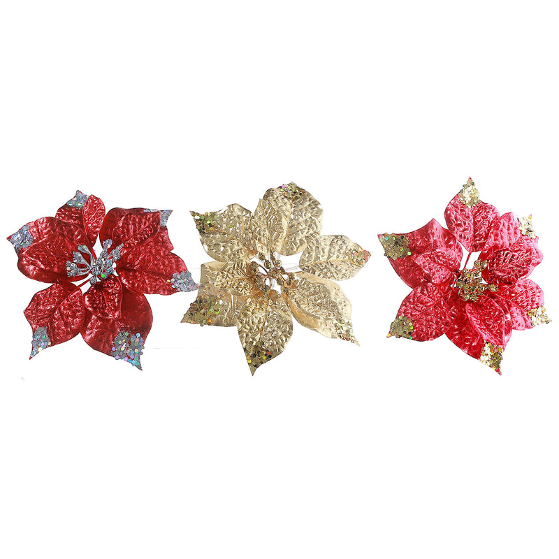 Glitter Edged Poinsettia Clip - Set of 6