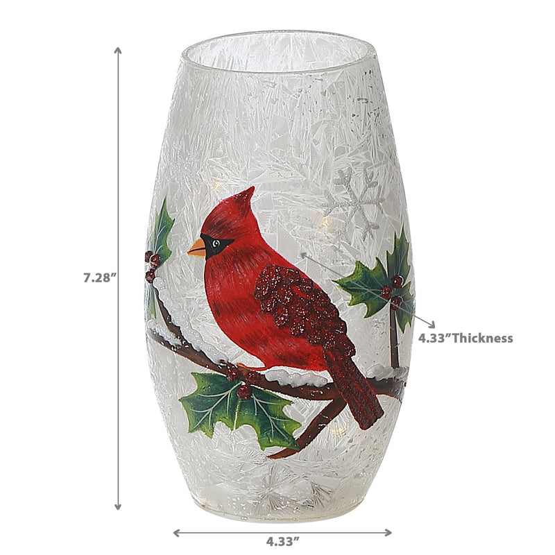 Frosted Holly Berry Cardinal Glass Perch Holiday Vase