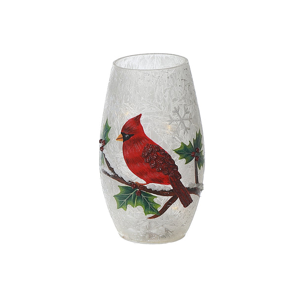 Frosted Holly Berry Cardinal Glass Perch Holiday Vase