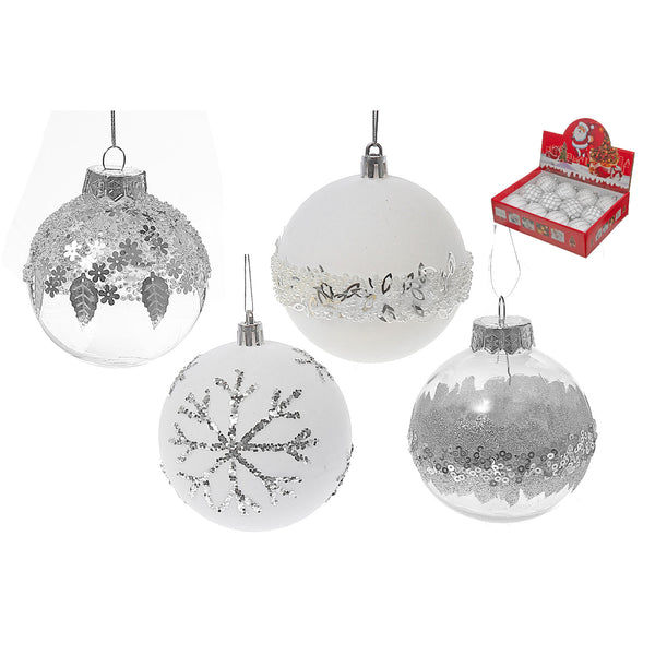 Clear and White Glitter Ball Ornament - Set of 12