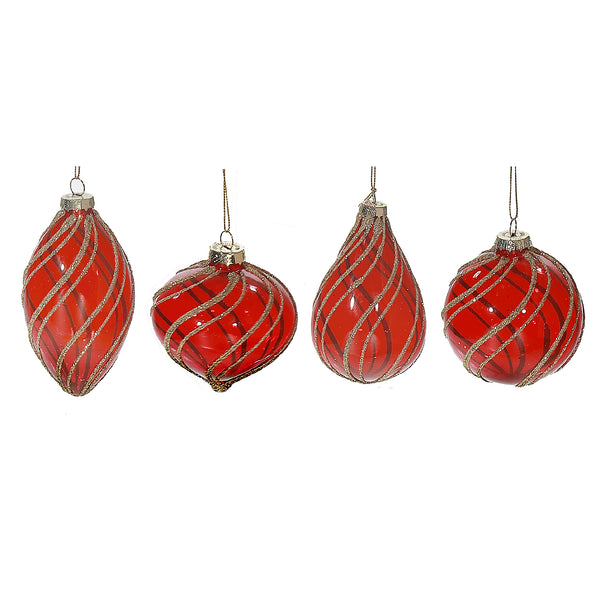 Red Glass Ornament With Gold Glitter - Set of 12