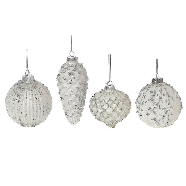 White Glass Ornament With Silver Glitter - Set of 12