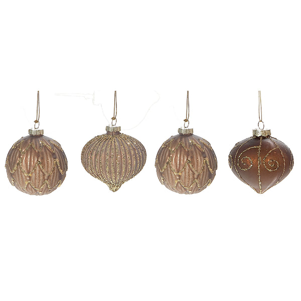 Brown Glass Ornament With Gold Glitter - Set of 12