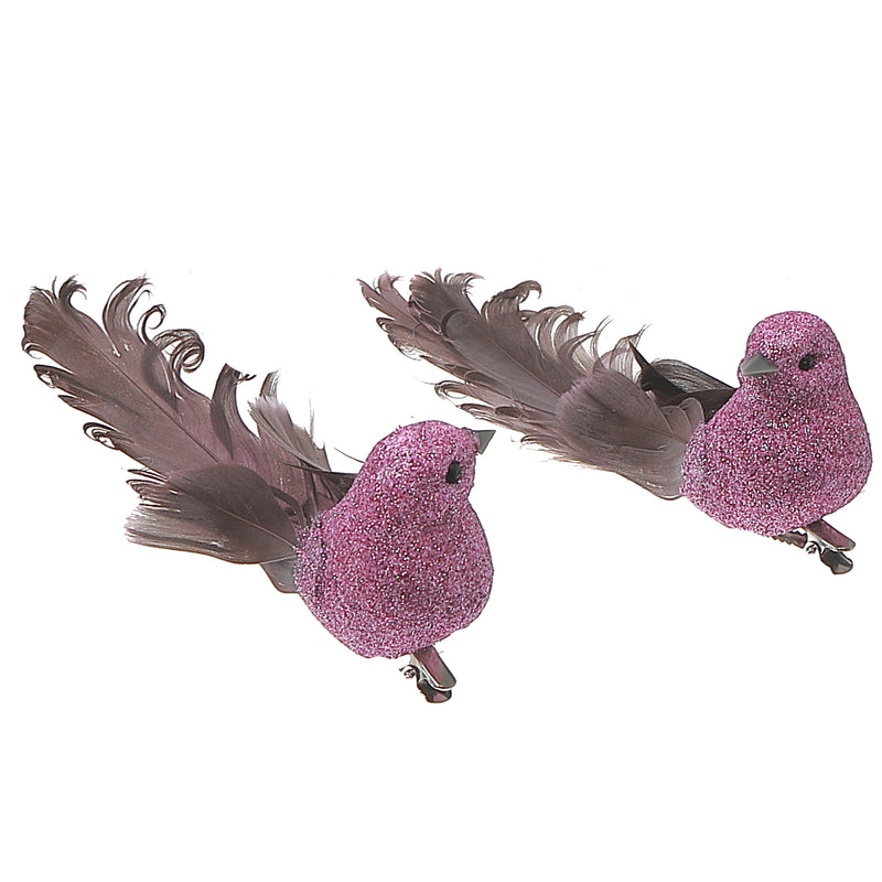 Glitter Feather Tail Bird Mauve - Set of 12