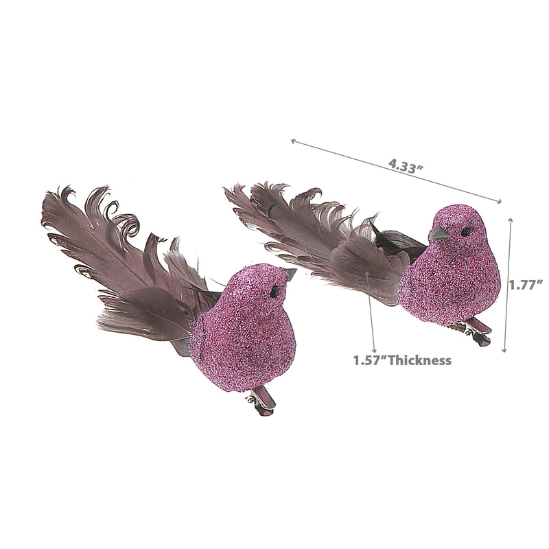 Glitter Feather Tail Bird Mauve - Set of 12