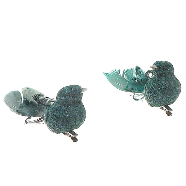 Glitter Feather Tail Bird Green - Set of 12