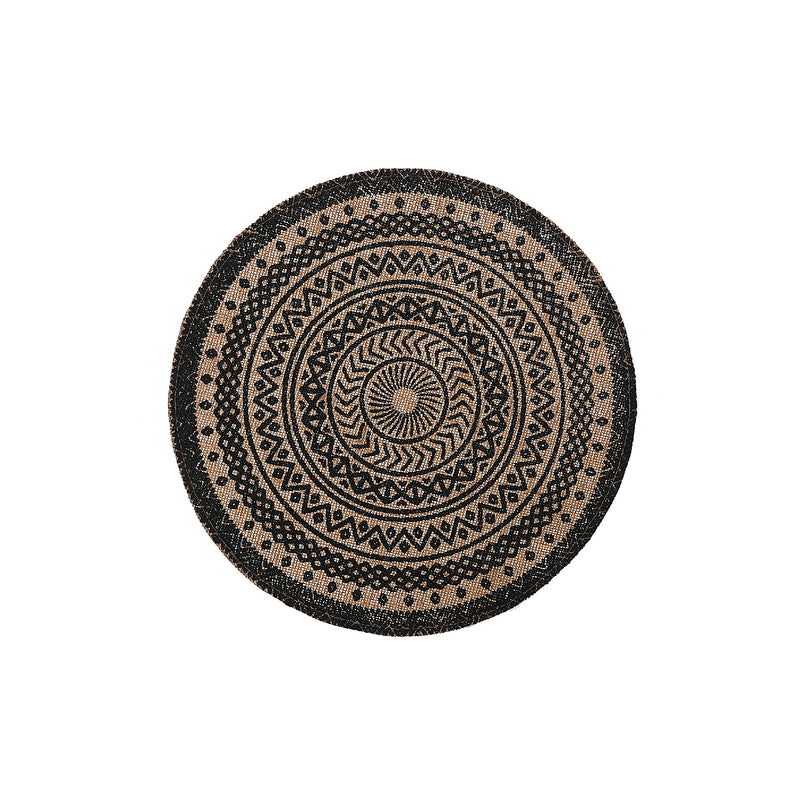 Round Jute Placemat Black Mandala - Set of 12