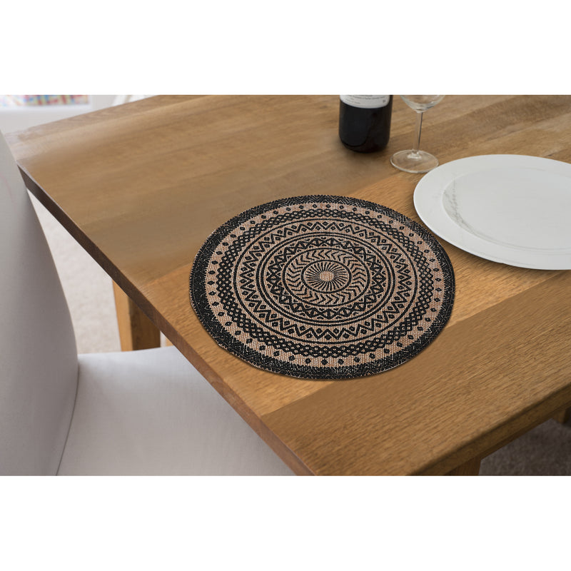 Round Jute Placemat Black Mandala - Set of 12