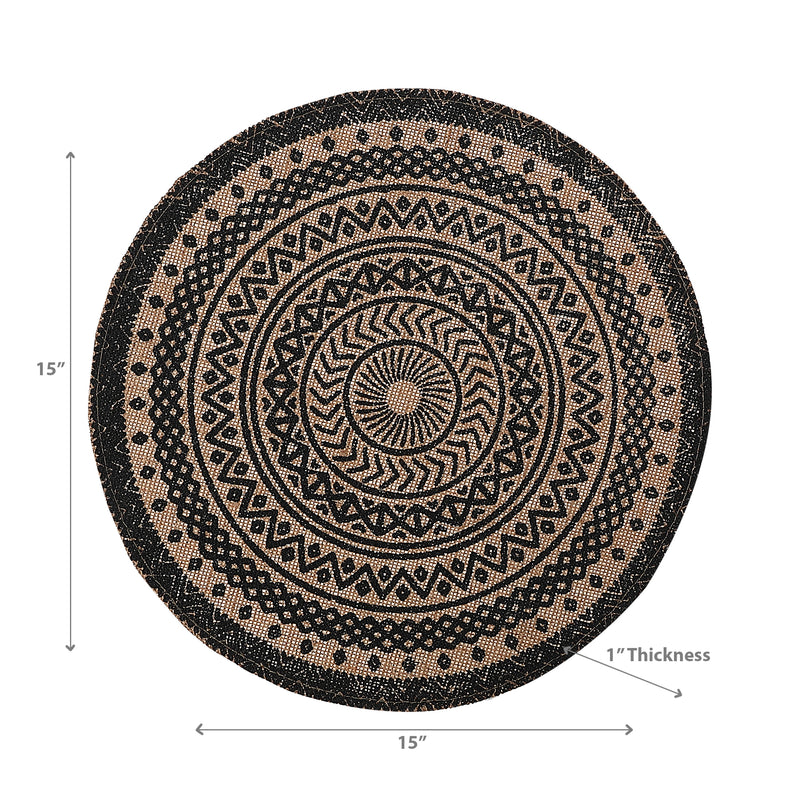 Round Jute Placemat Black Mandala - Set of 12