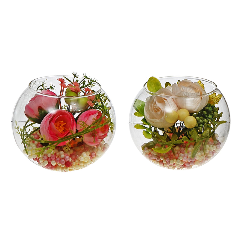 Artificial Floral Arrangement In Round Glass Bowl Asstd - Set of 2