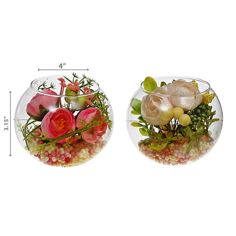 Artificial Floral Arrangement In Round Glass Bowl Asstd - Set of 2