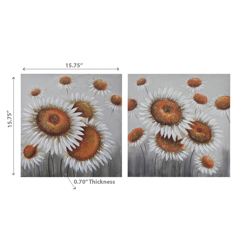 Hand Painted Canvas Wall Art White Sunflower - Set of 2