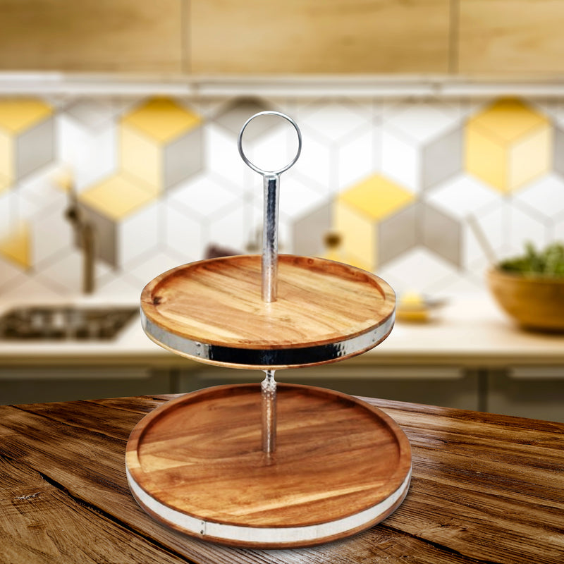 Natural Acacia Wood With Hammered Nickel 2 Tier Cake Stand