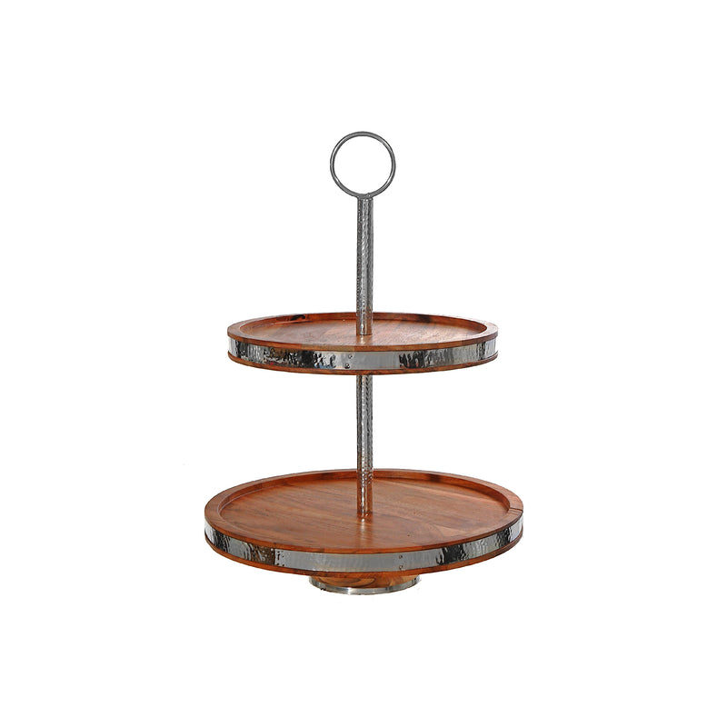 Natural Acacia Wood With Hammered Nickel 2 Tier Cake Stand