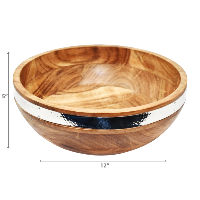 Natural Acacia Wood With Hammered Nickel Salad Bowl