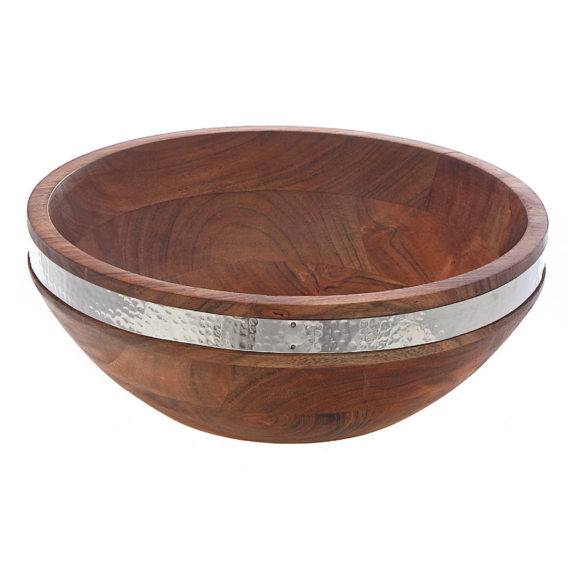 Natural Acacia Wood With Hammered Nickel Salad Bowl