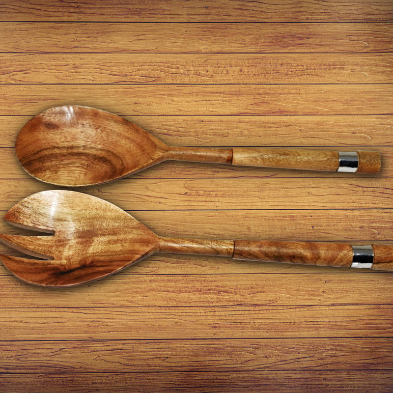 Natural Acacia Wood With Hammered Nickel 2 Pc Salad Server Set